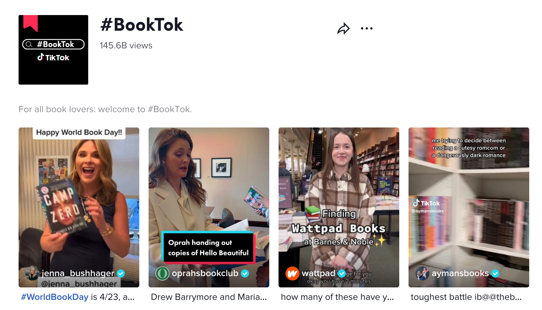 TikTok desktop version showing a page about the #Booktok
subculture