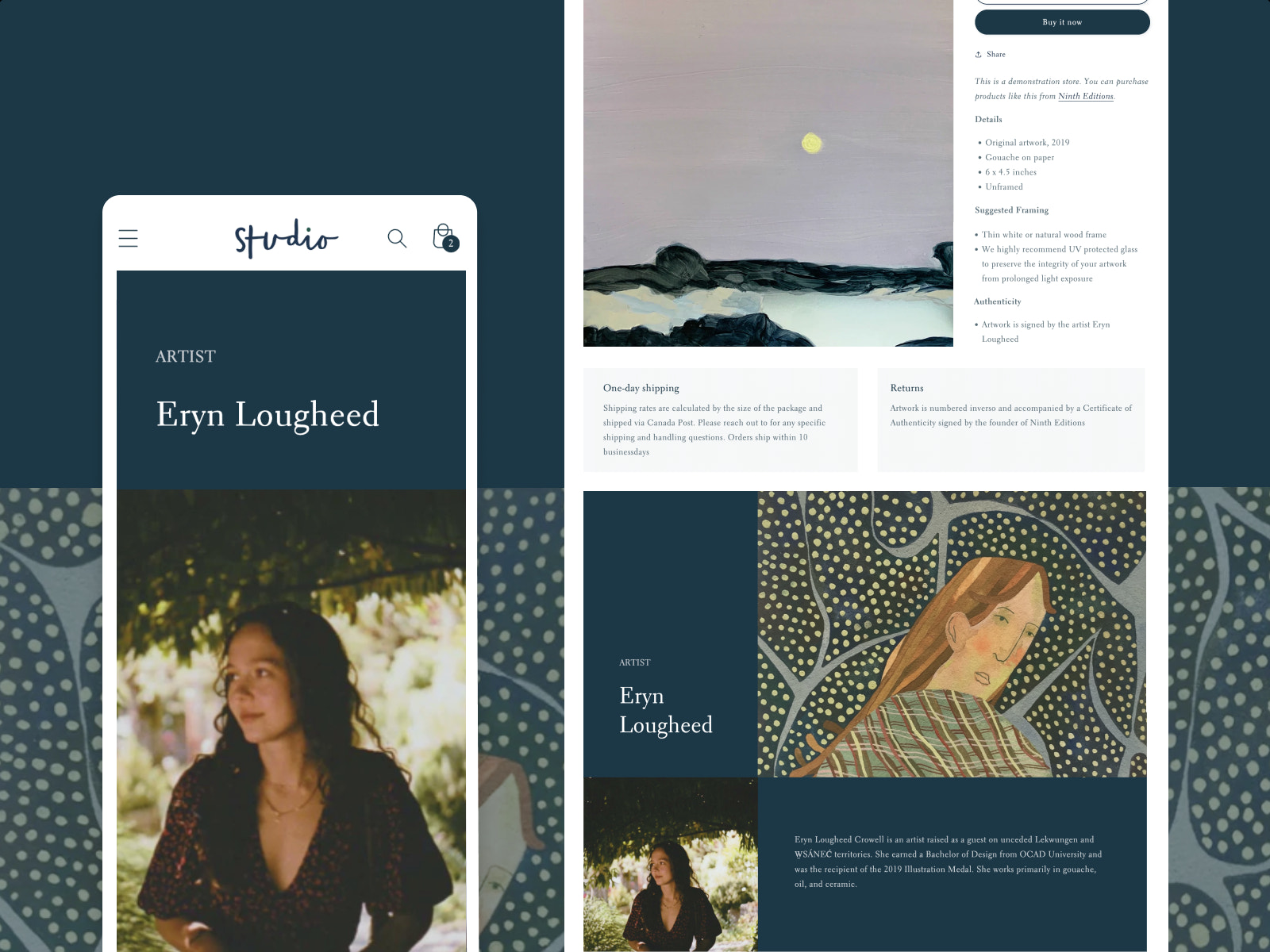 Mobile and desktop view of Studio, the latest free theme by Shopify designed
with artists and curated collections in mind.
