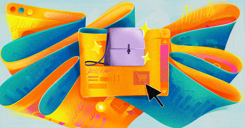 Illustration of colorful ribbons formed from browser windows with the center
displaying a handbag with an mouse clicking the "add to cart"
button