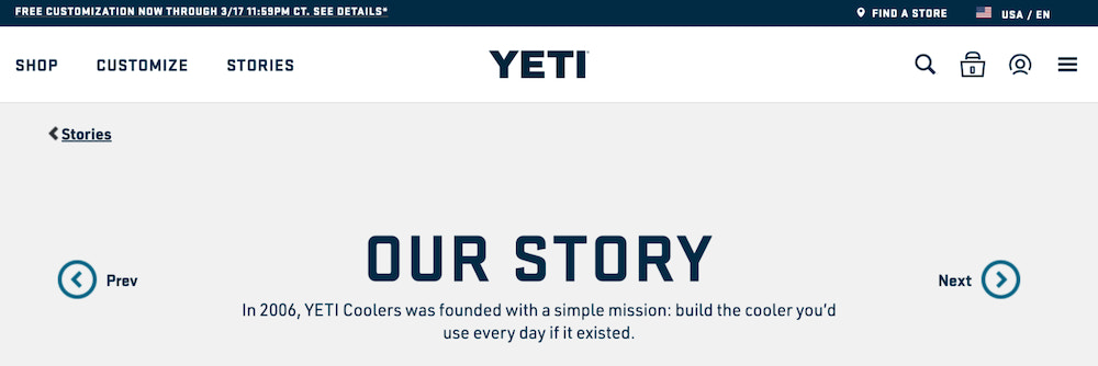 Screenshot of YETI about page with mission
statement.