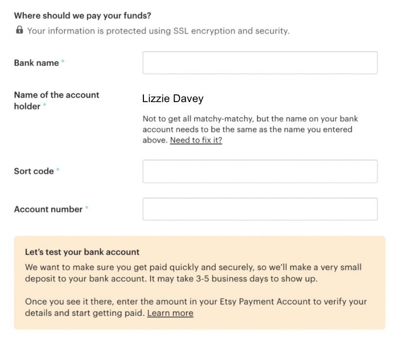 creenshot of where to enter your bank details to receive payments.
