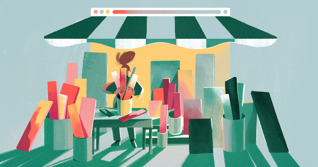 Illustration of a woman sifting through various signs, representing how
entrepreneurs try on many different business names before finding the perfect
idea