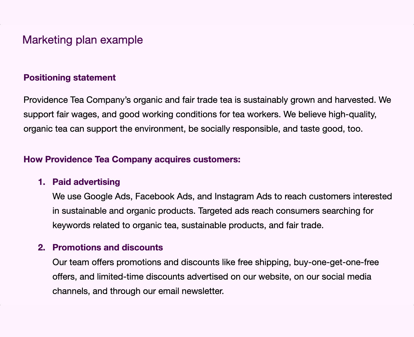 Example text in a business plan's marketing plan
section
