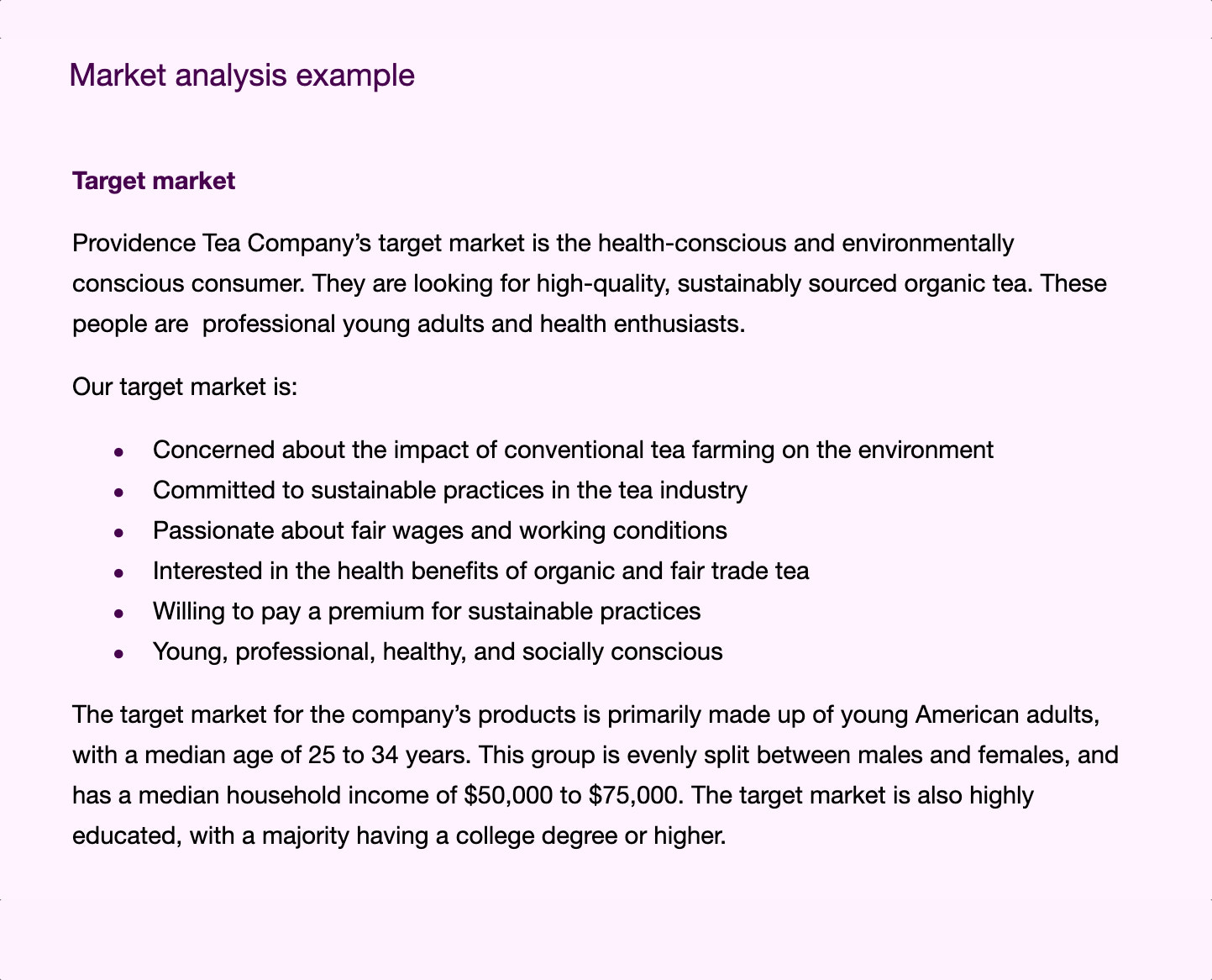 Example text in a business plan's market analysis
section