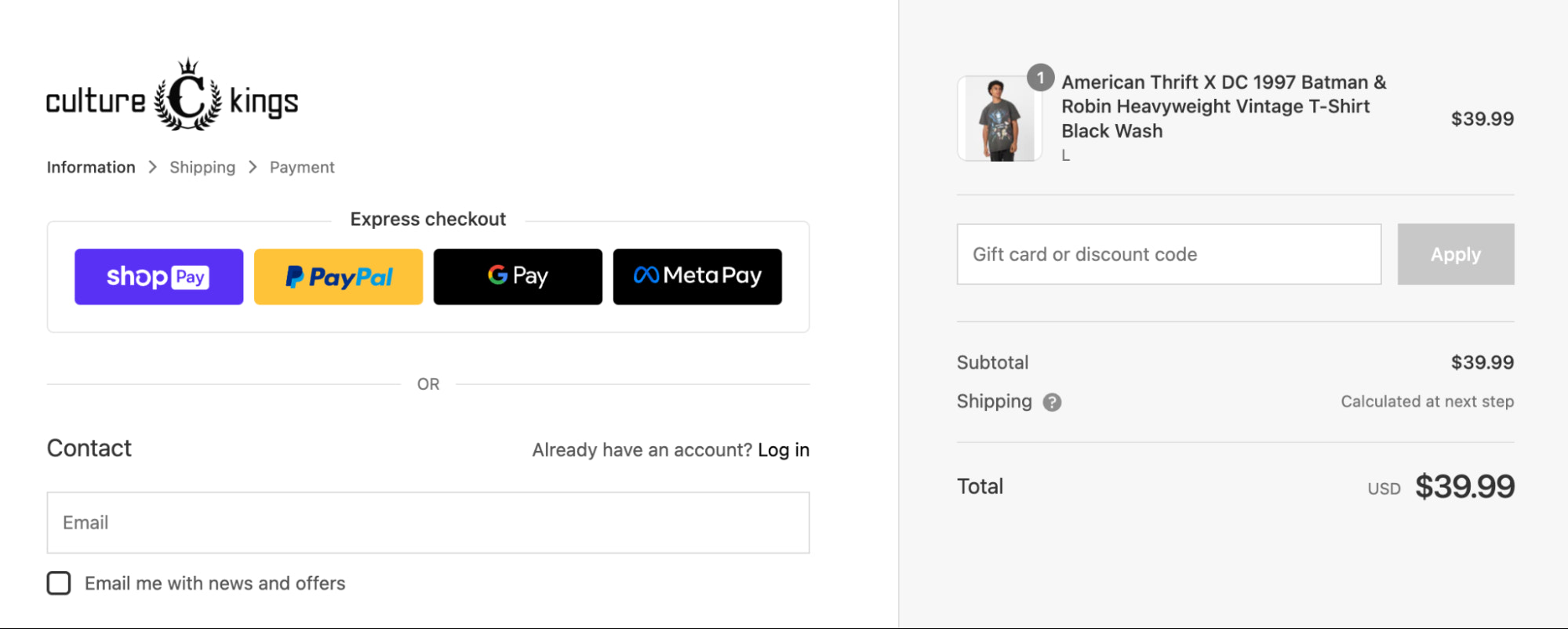 Retailer Culture Kings offers Shop Pay as express checkout option on its
website