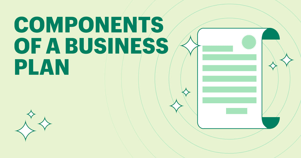 components of a business plan on left side, scroll with shading on
right