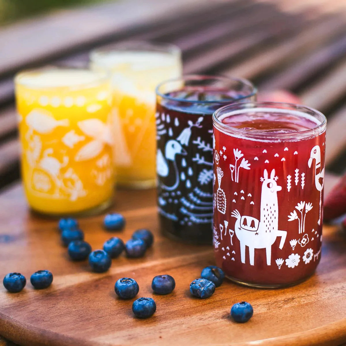 A set of etched glassware containing
juice