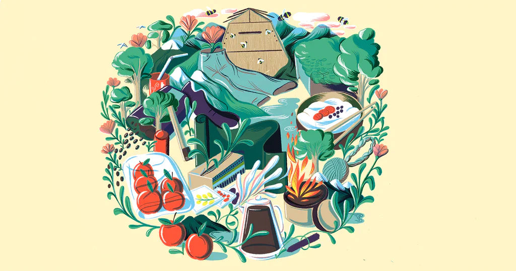 Abstract collage of products and greenery representing eco-friendly products
shaped to look like the
earth