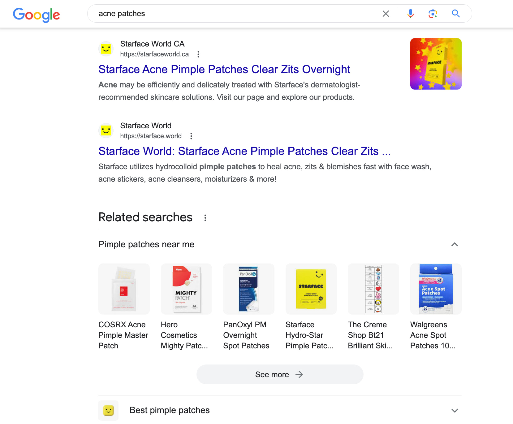 Google SERP showing results for keyword "acne
patches"