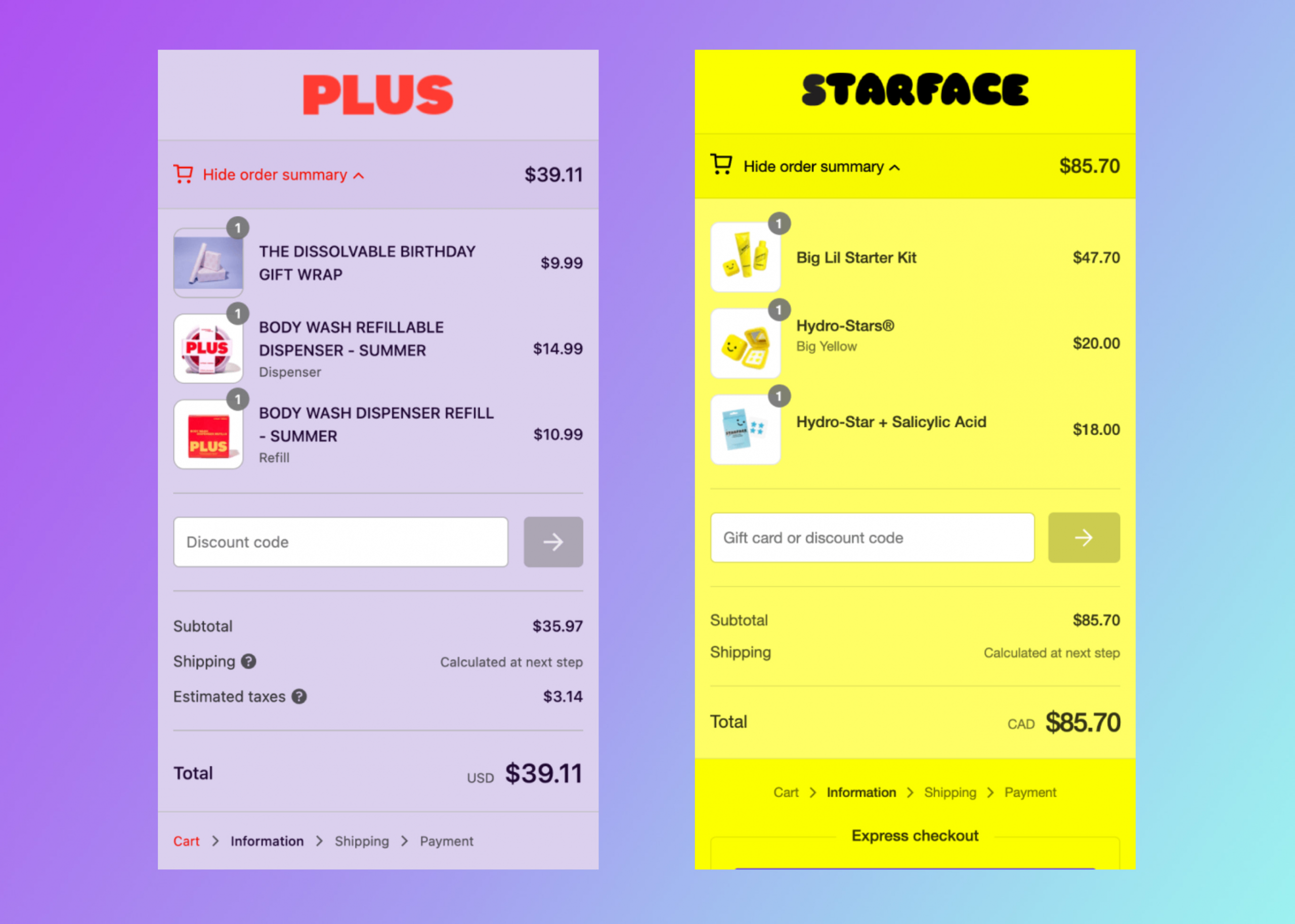 Side by side panels of mobile checkouts from two DTC ecommerce
brands