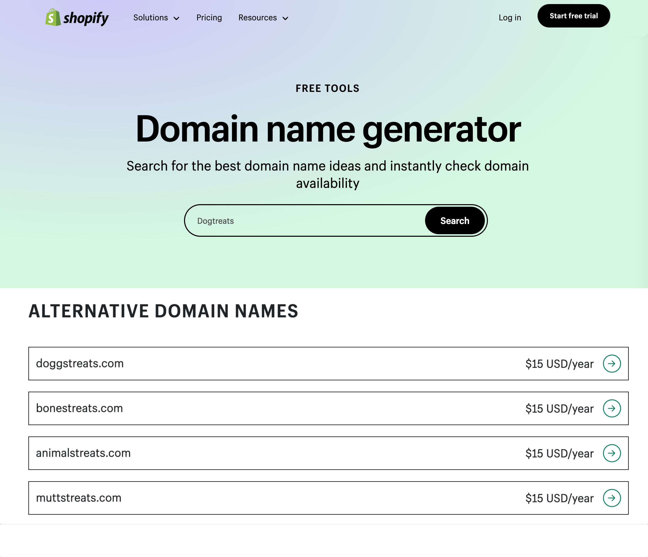 Screen grab of Shopify's domain name
generator