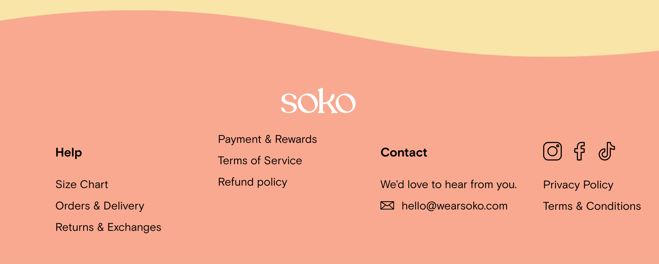 Ecommerce contact info in the footer of the website for Soko
brand