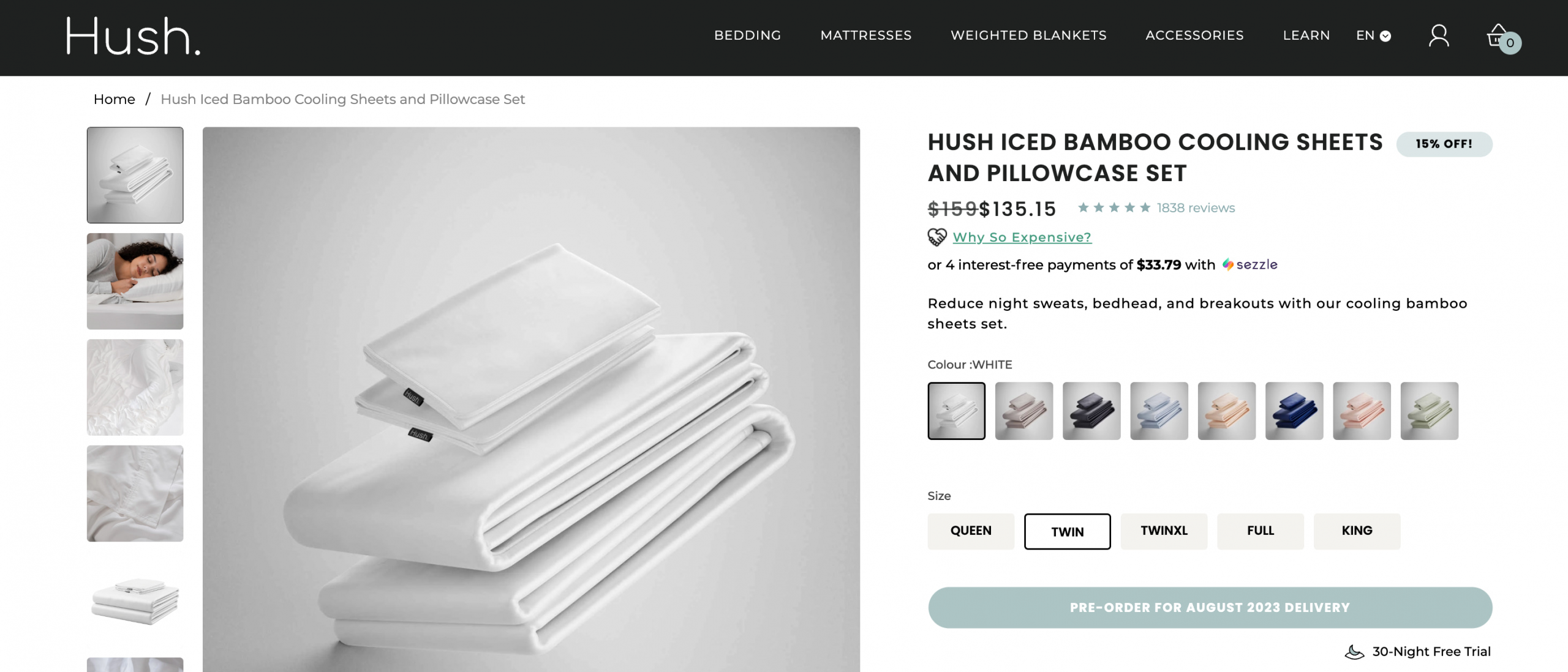 Ecommerce product page for online bedding business
Hush