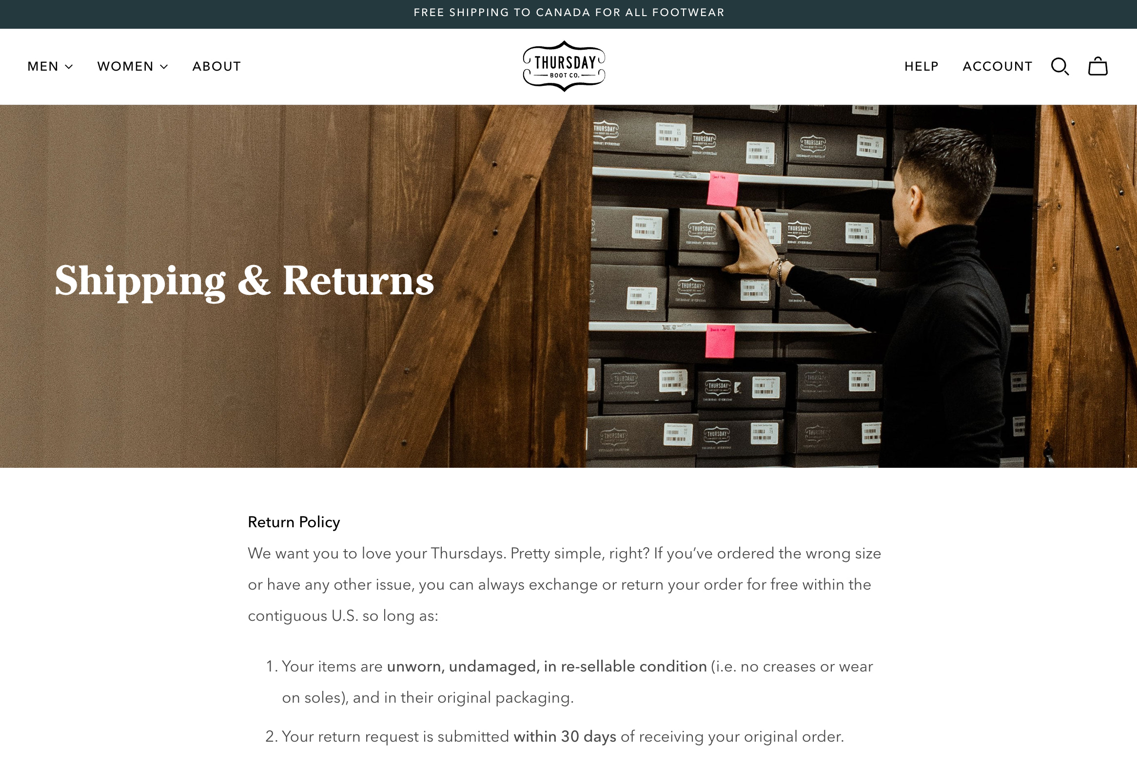 Ecommerce shipping policy page for online business Thursday Boot
Co.