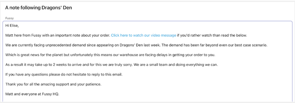 Email from company about
delays