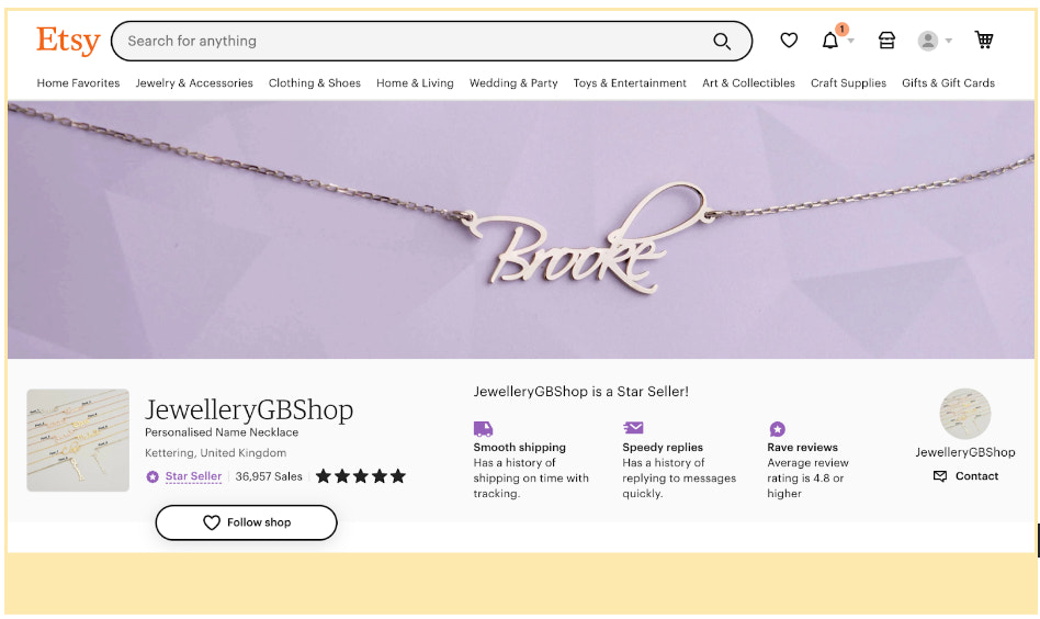 Screenshot of JewelleryGBShop’s storefront on Etsy.
