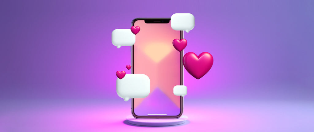 Mobile phone surrounded by bubble and heart
icons