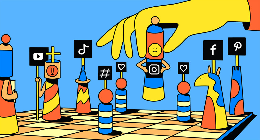 social media logos as chess pieces, indicating strategy: how to create a
social media strategy that
sells