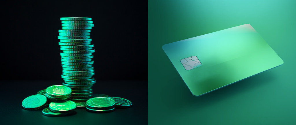 A side by side representation of coins and a credit card
