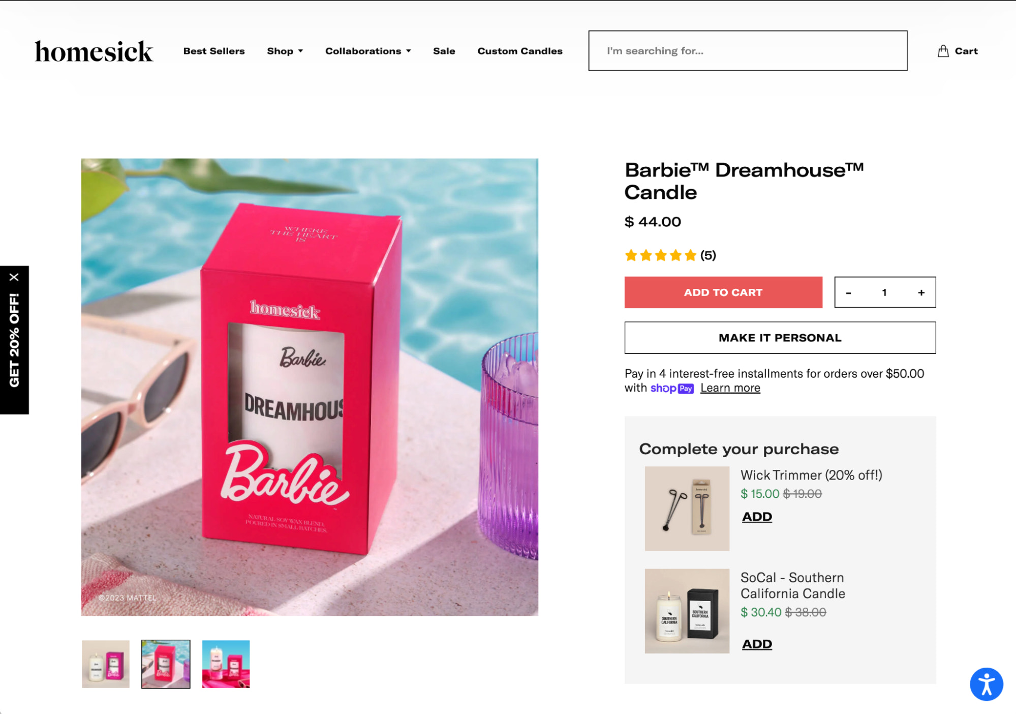 Homesick brand’s product page for Barbie Dreamhouse
Candle