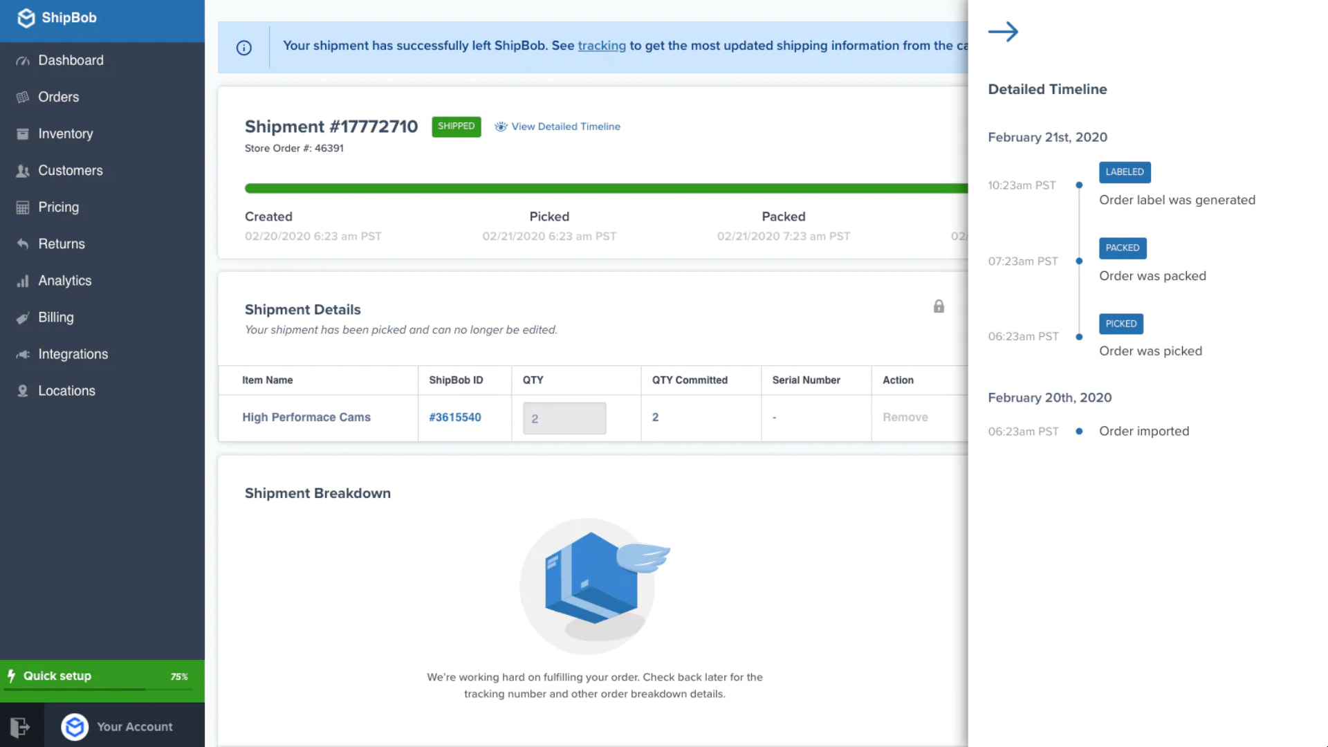 ShipBob order screen showing shipment timeline and details.
