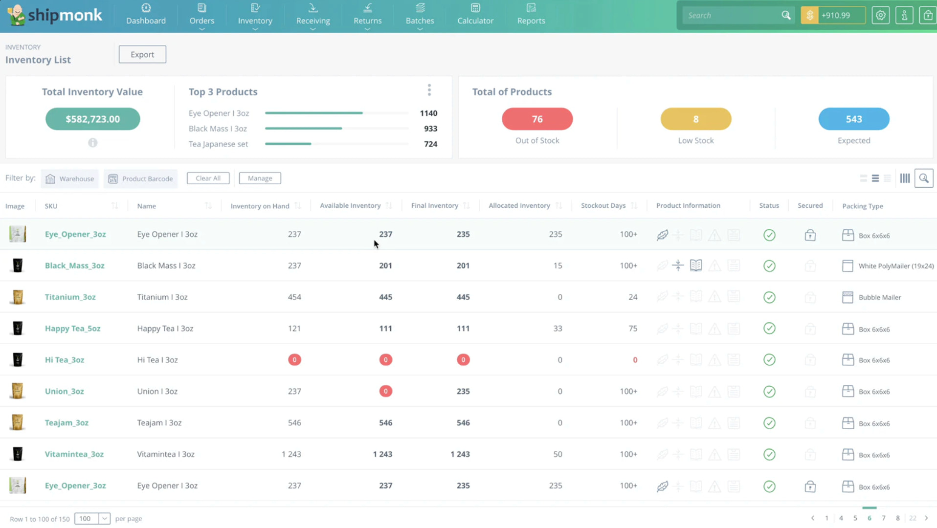 Example of inventory list in
ShipMonk.