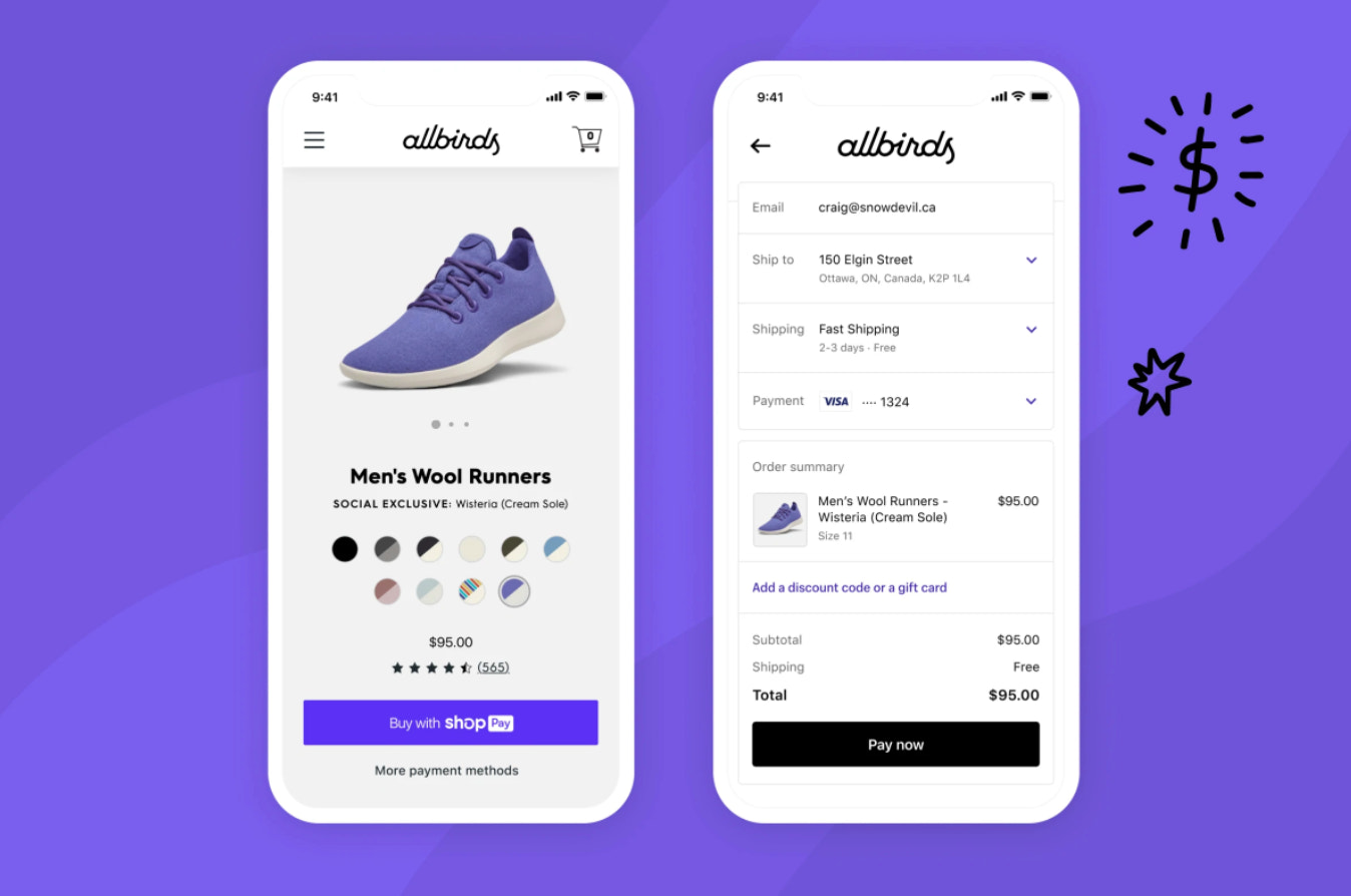 Example of ecommerce brand Allbirds checkout using Shop
Pay