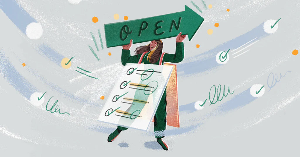 Illustration of a person holding up an open sign while also wearing a
sandwich board
checklist