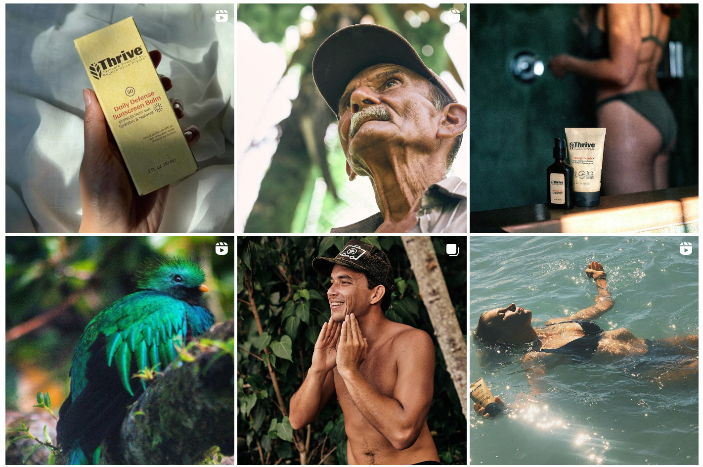 Thrive Natural Care’s Instagram feed with lots of tropical and beach images
