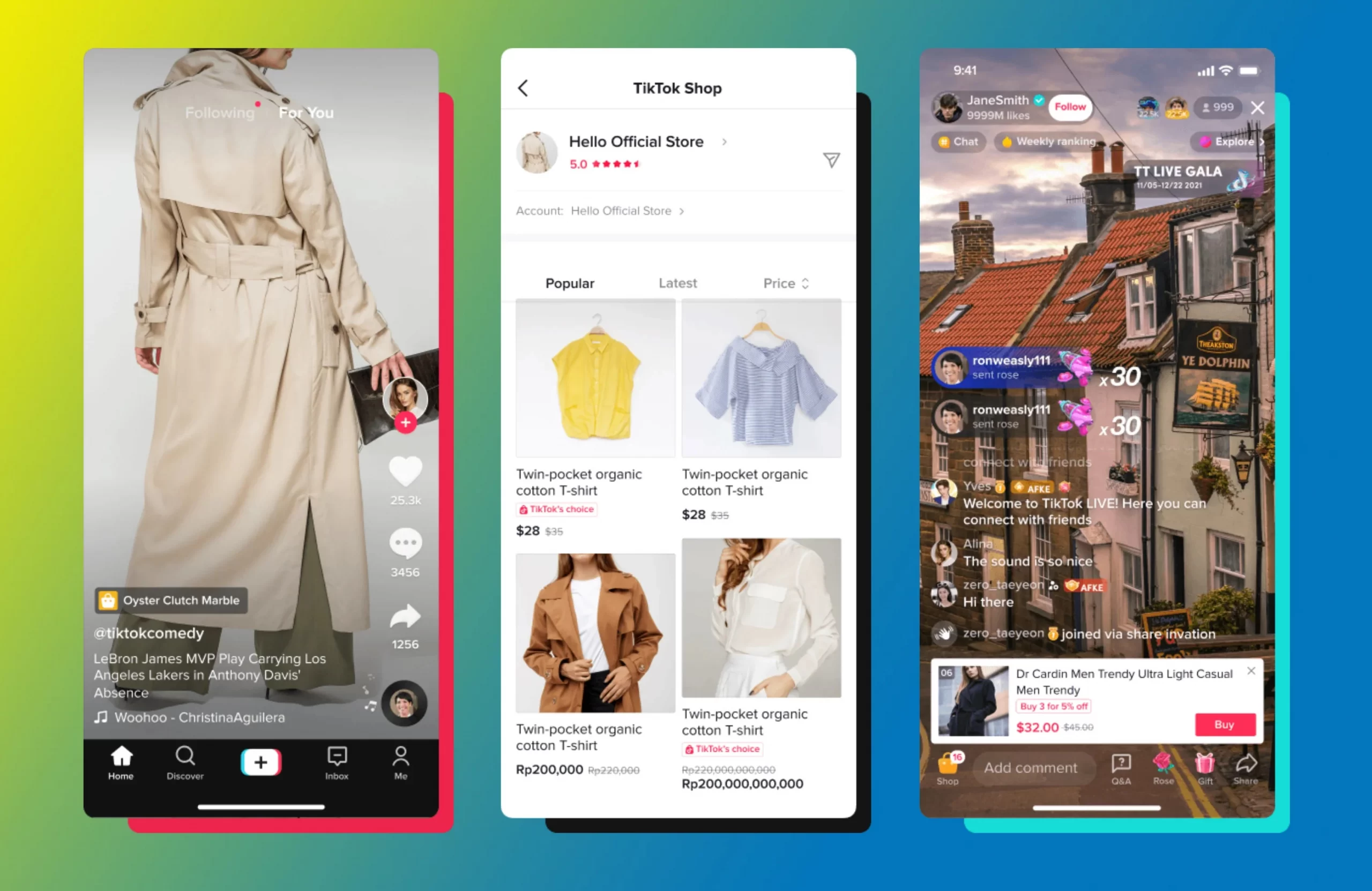 Three mobile panels showing TikTok shopping
options