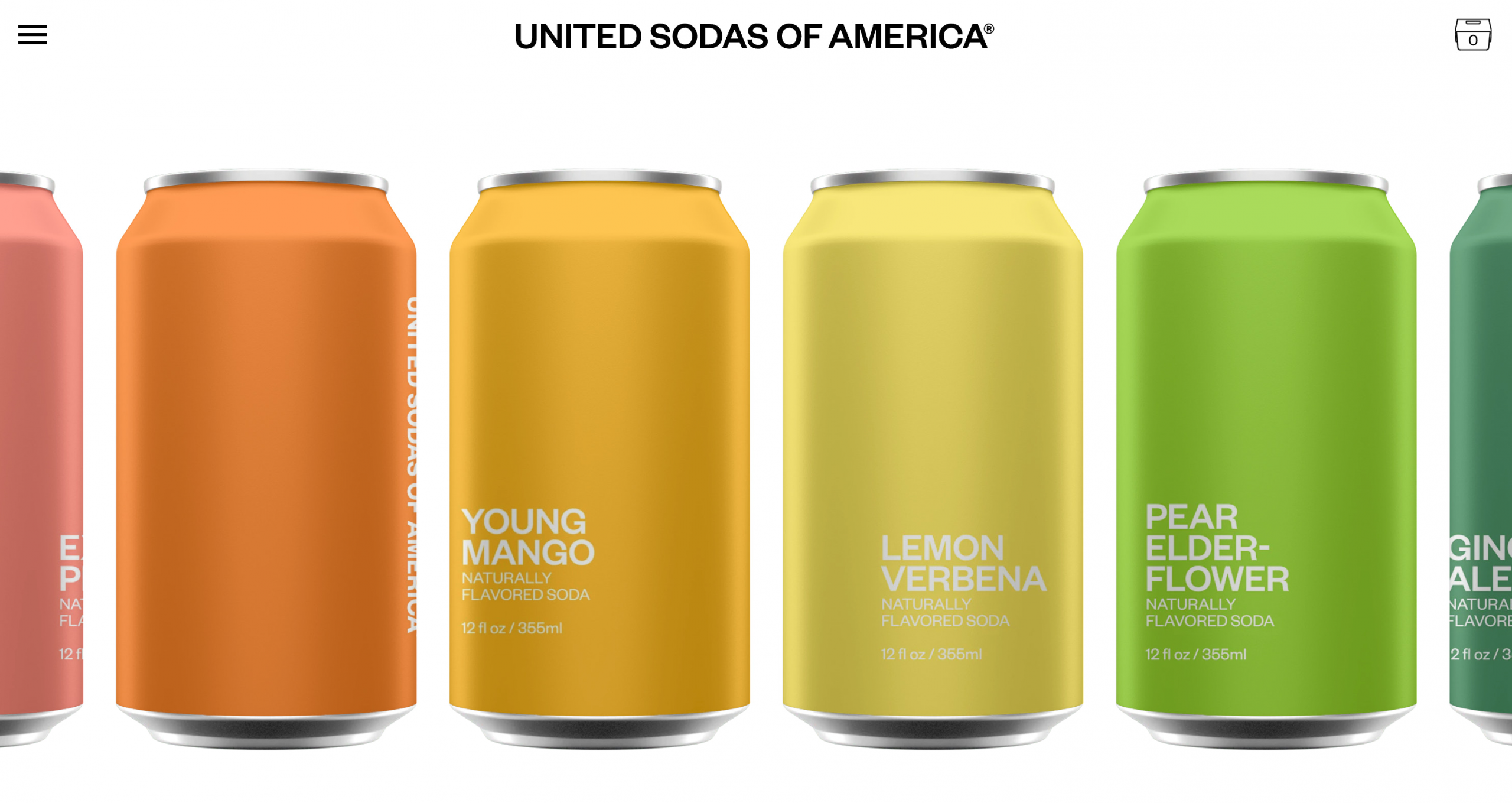 Ecommerce homepage for the brand United Soda of
America