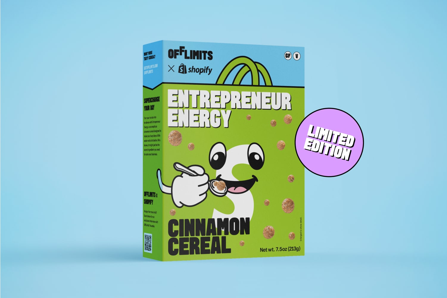 蓝色背景中的一盒企业家能量肉桂麦片