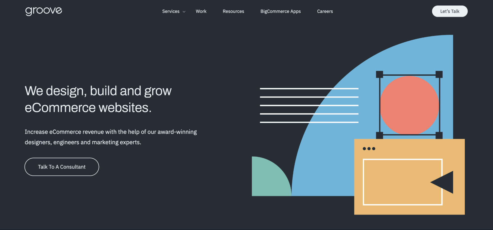 Groove Commerce 主页采用抽象设计，柔和的色彩代表网站的元素。