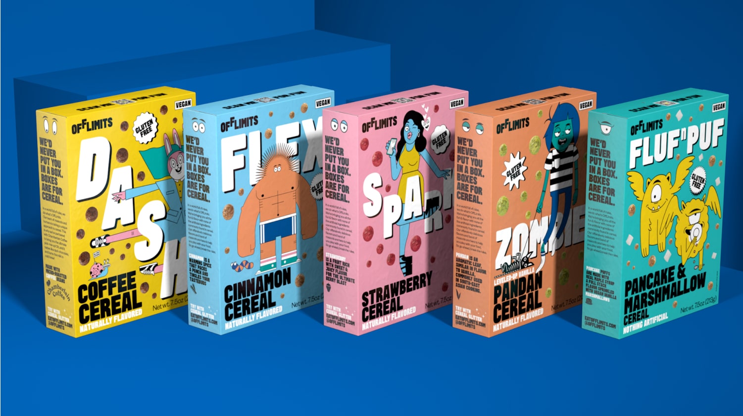 蓝色背景上的一系列 OffLimits 麦片盒