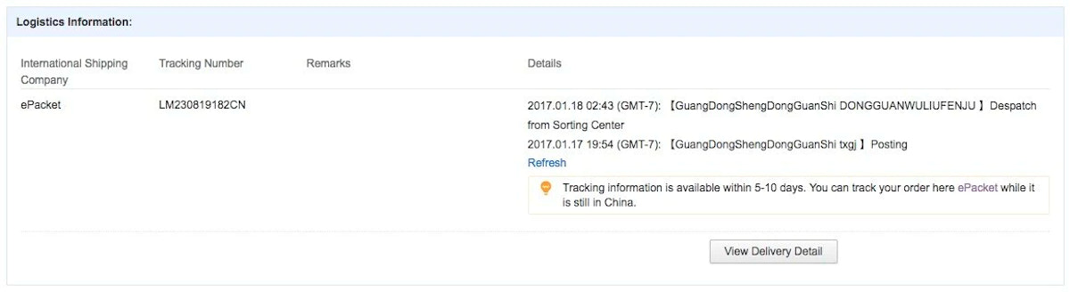 AliExpress 物流信息选项卡显示包裹是使用 ePacket 发送的。