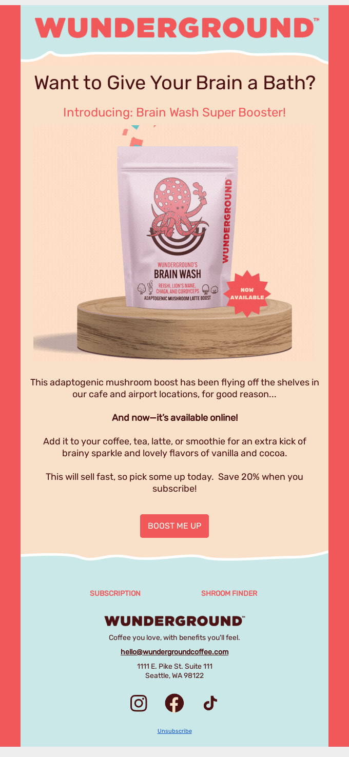 Wunderground 电子邮件，其中包含木板上的蘑菇产品包装。