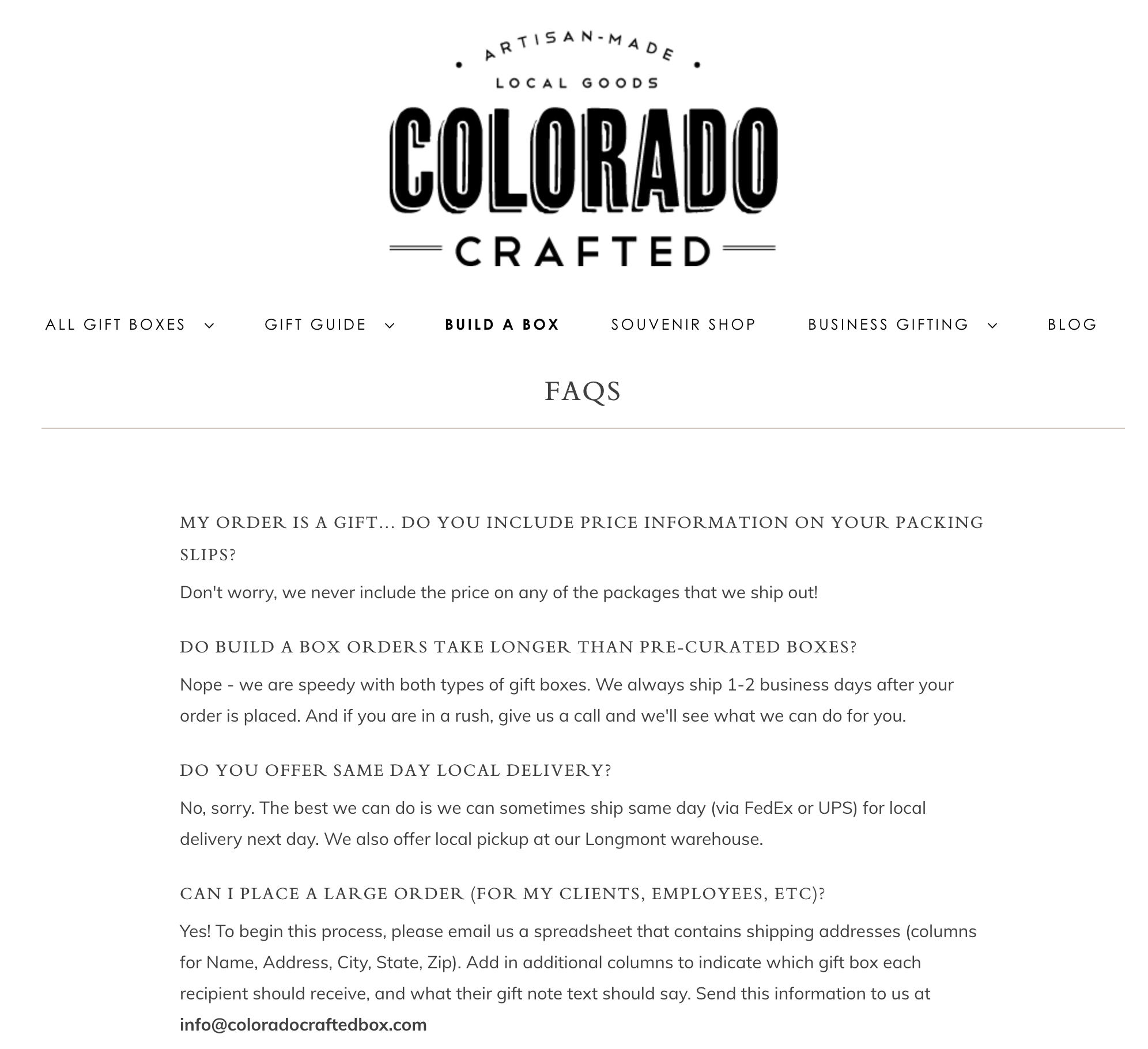 Colorado Crafted 的简单常见问题解答页面，其中包含以对话语气编写的运输信息。