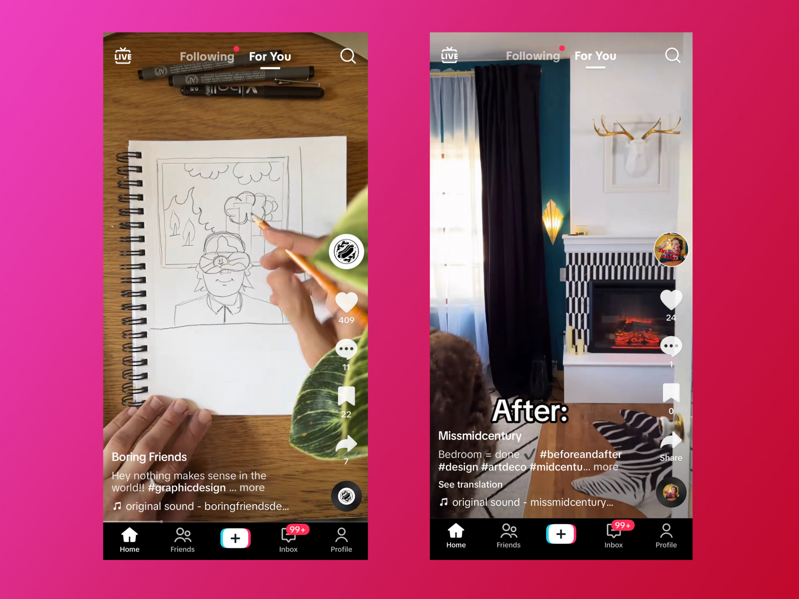 并排移动版的 TikTok 用户界面显示“为你推荐”页面内容