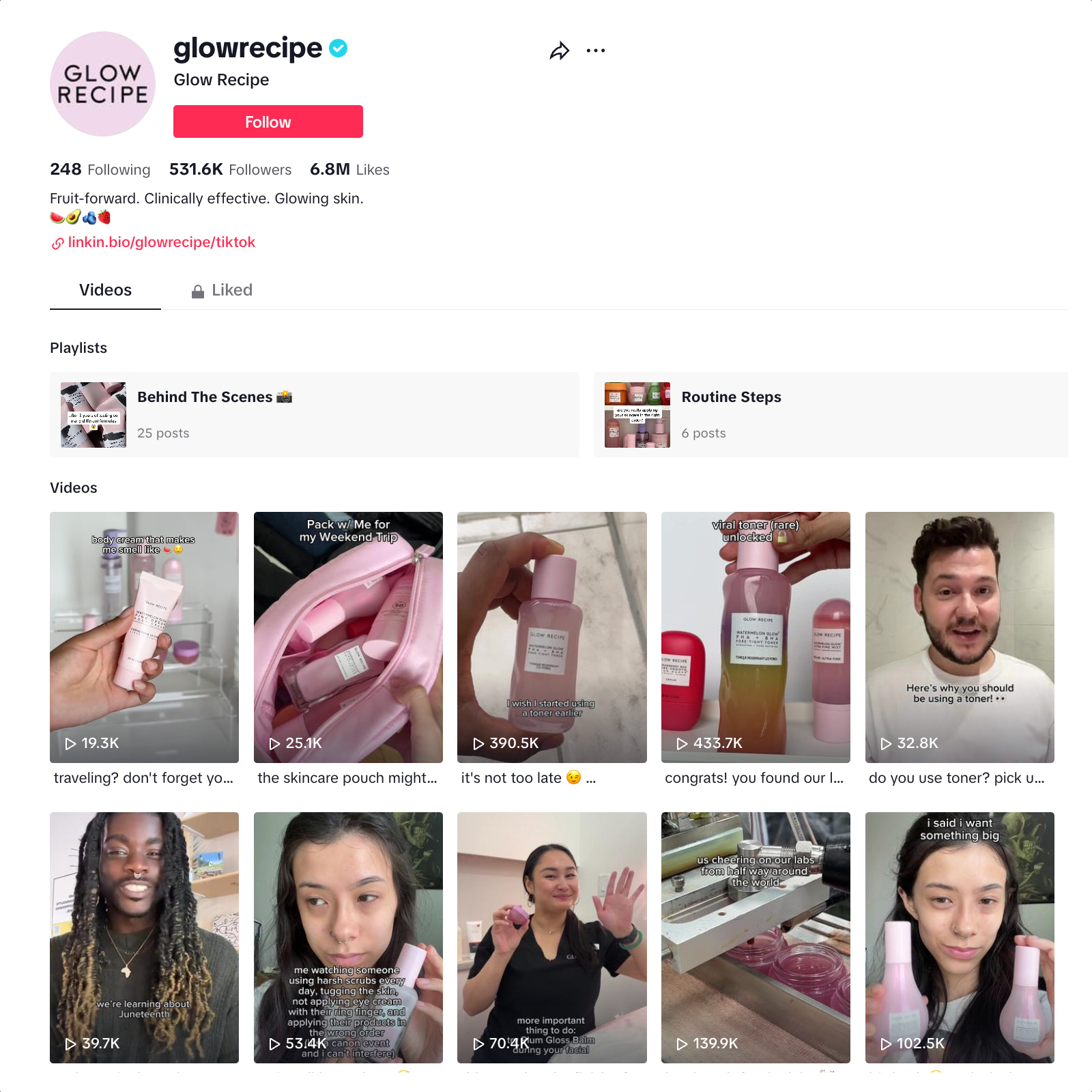 Glow Recipe 品牌的 TikTok 帐户页面
