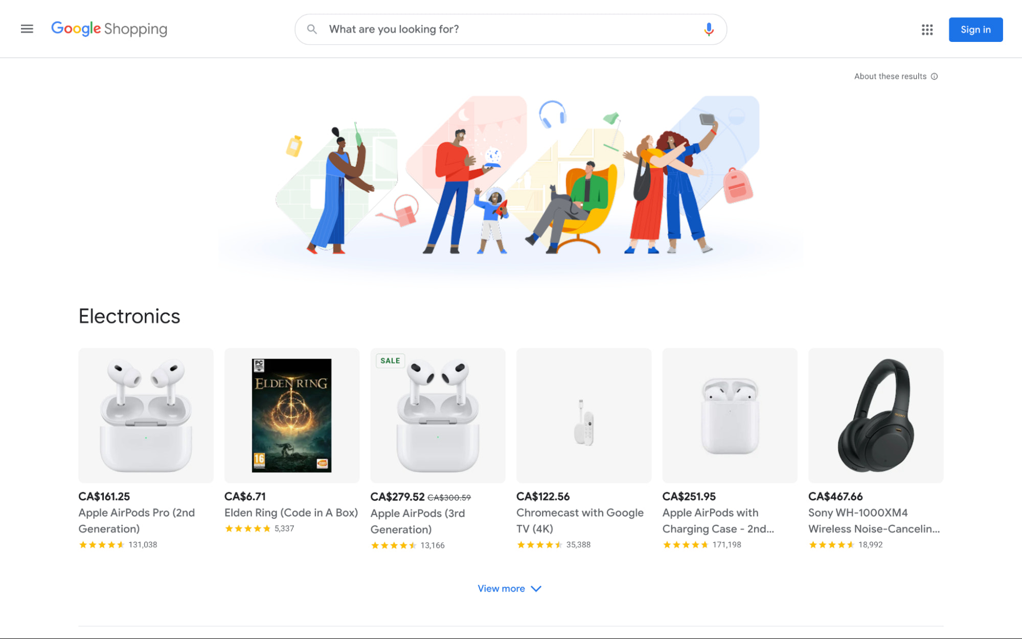 产品列表（耳机和视频游戏）位于购物者插图和 Google 搜索栏下方。