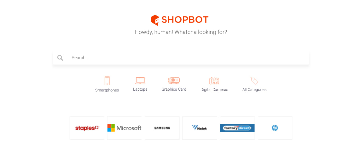 搜索栏上方的 Shopbot 徽标和科技产品类别图标。