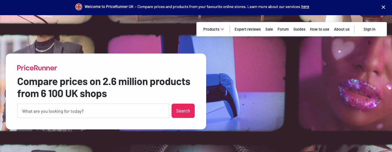 Pricerunner 比较网站，在电子商务产品的背景图片之前有一个搜索栏。