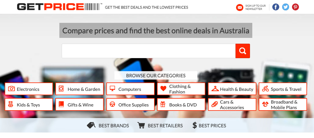 搜索栏上方的 Getprice 徽标和热门产品类别（例如电子产品）的按钮。