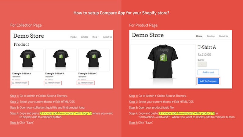 并排显示的两个版本的产品展示盒，其中包含一件带有 Shopify 徽标的 T 恤。