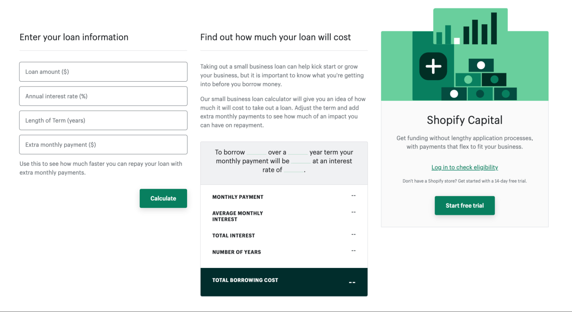 Shopify 商业贷款计算器的屏幕截图