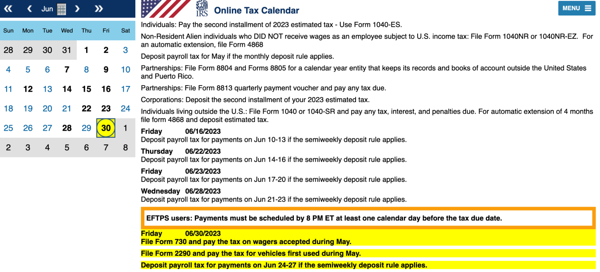 国税局在线税务日历，带有网格和重要日期