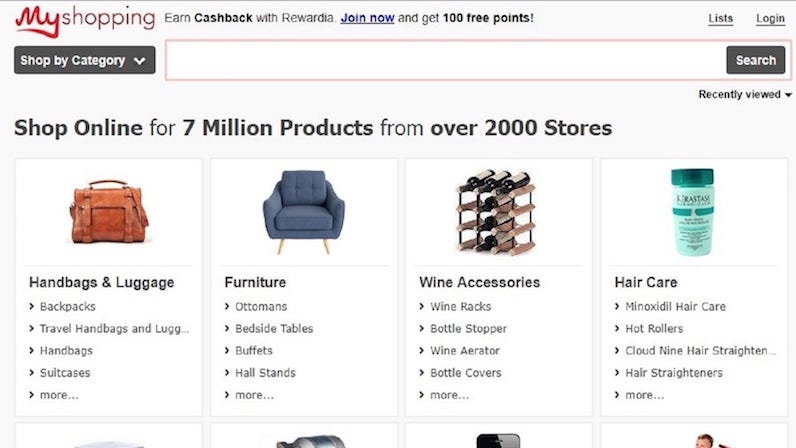 搜索栏上方的 MyShopping Datafeed 徽标以及包括手袋和家具在内的产品类别。