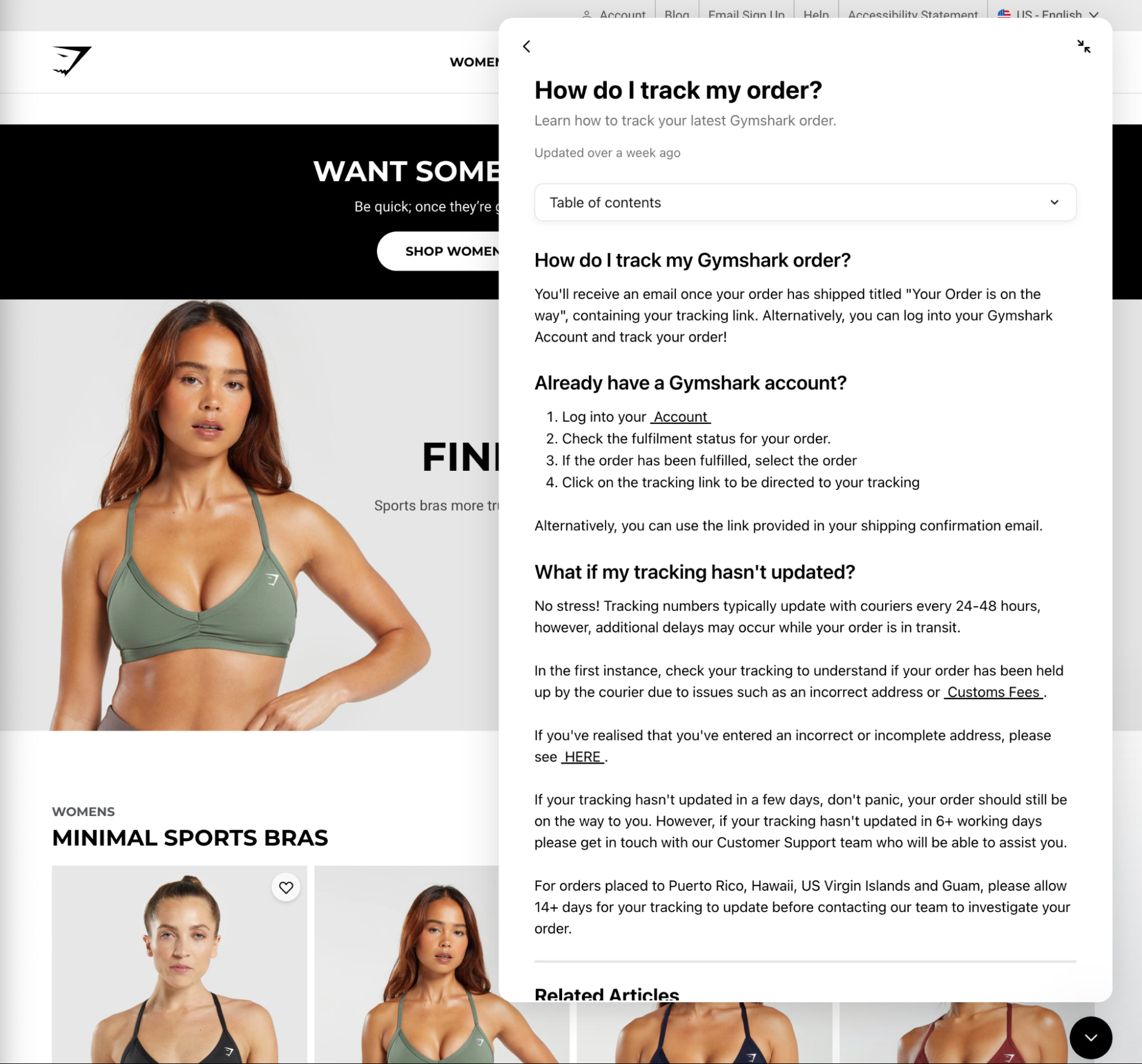 Gymshark 的聊天机器人为用户提供问题的答案。