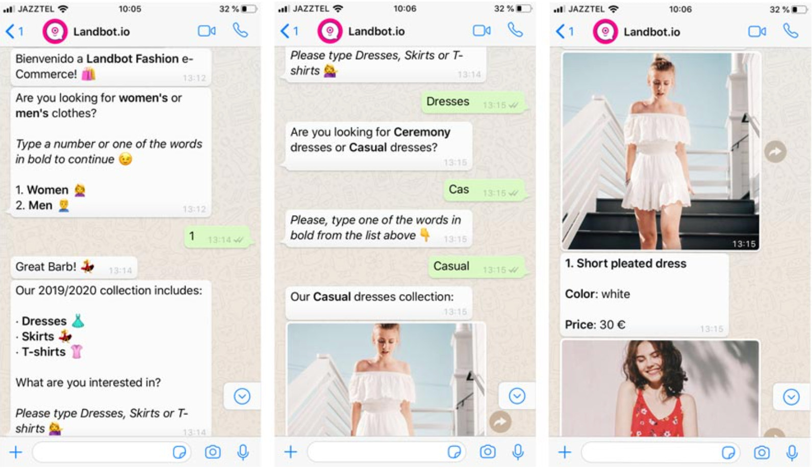使用 WhatsApp 聊天机器人的电子商务交互示例