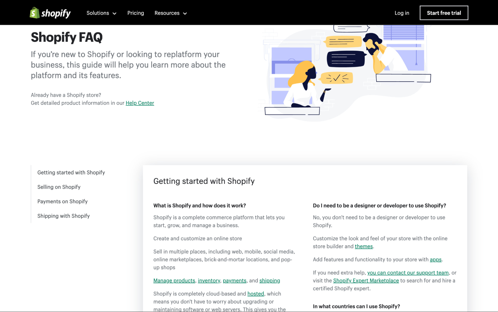 Shopify 常见问题解答页面包含有关如何开始使用该平台的信息